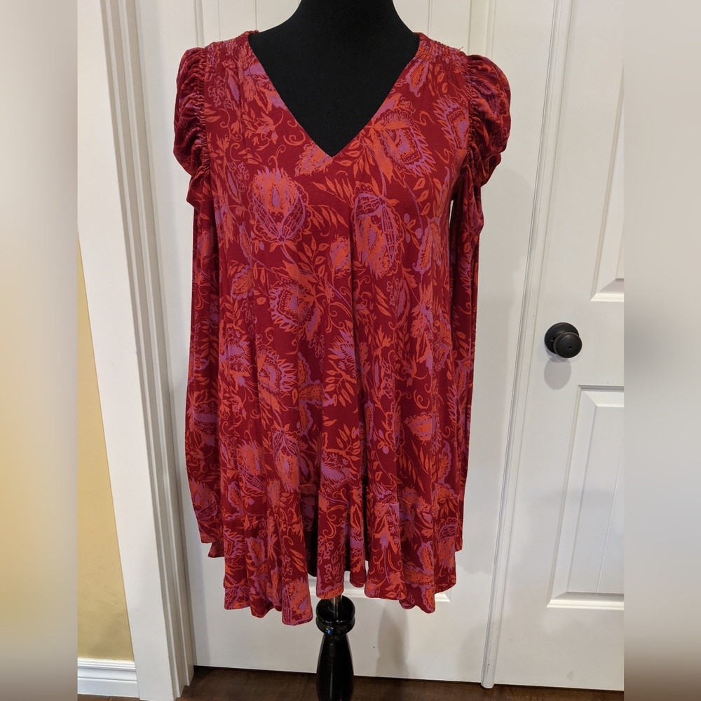 Free People Hello Lover Boho Tunic Red Scarlett Beautiful Puff Sleeves